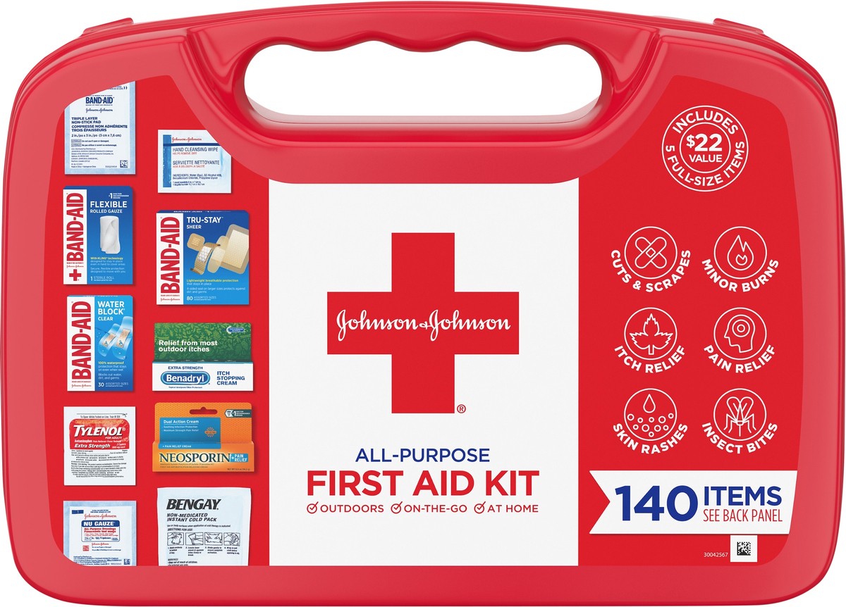 slide 5 of 7, Johnson & Johnson All-Purpose Portable Compact First Aid Kit for Minor Cuts, Scrapes, Sprains & Burns, Ideal for Home, Car, Travel and Outdoor Emergencies, 140 pieces, 1 ct