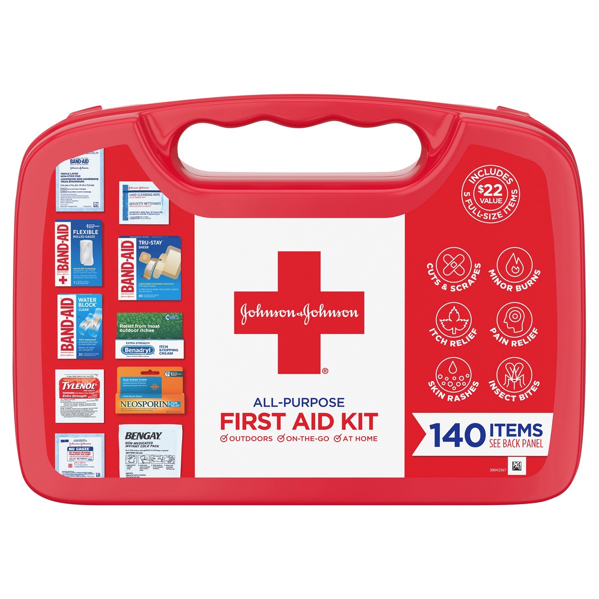 slide 1 of 7, Johnson & Johnson All-Purpose Portable Compact First Aid Kit for Minor Cuts, Scrapes, Sprains & Burns, Ideal for Home, Car, Travel and Outdoor Emergencies, 140 pieces, 1 ct