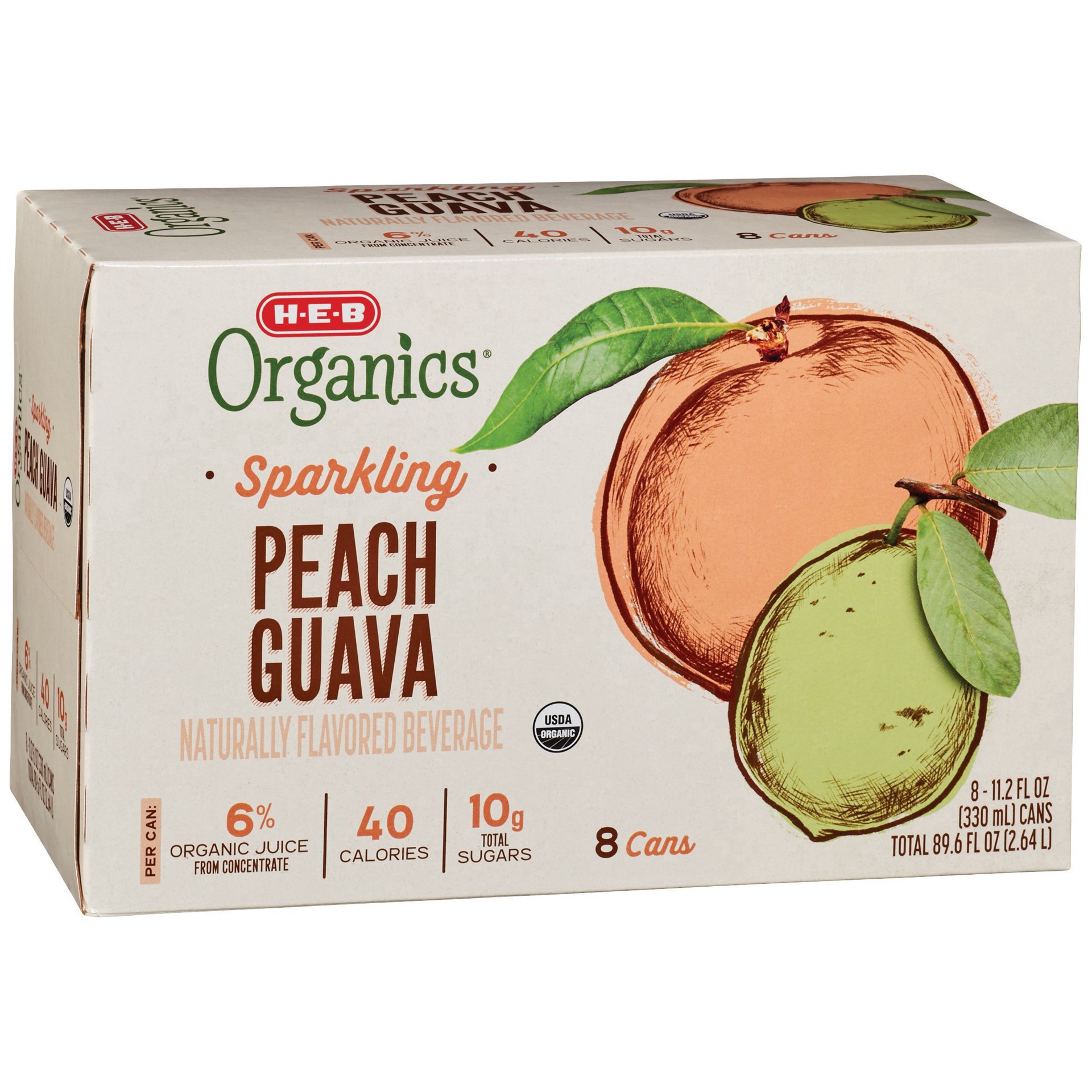 slide 1 of 1, H-E-B Organics Peach Guava Sparkling Beverage 8 pk Cans, 8 ct