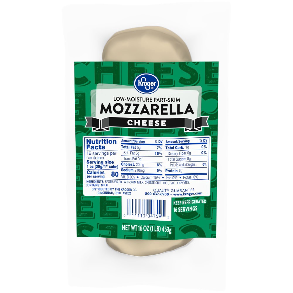 slide 2 of 2, Kroger Low-Moisture Part-Skim Mozzarella Cheese, 16 oz