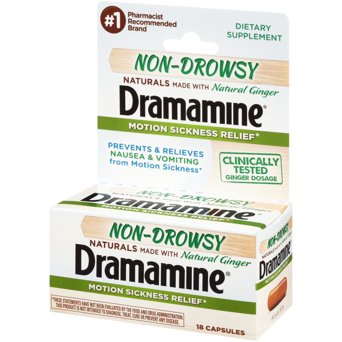 slide 10 of 10, Dramamine Non-Drowsy Naturals Capsules, 18 ct