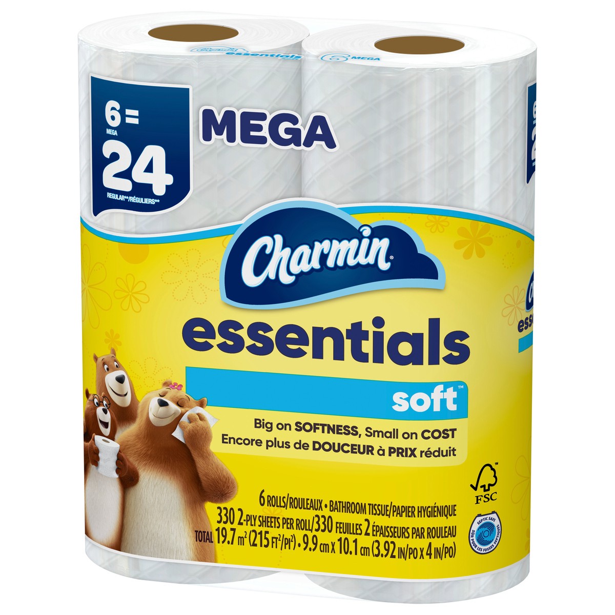 slide 4 of 5, Charmin Essentials Soft Toilet Paper 6 Mega Rolls, 330 sheets per roll, 6 ct