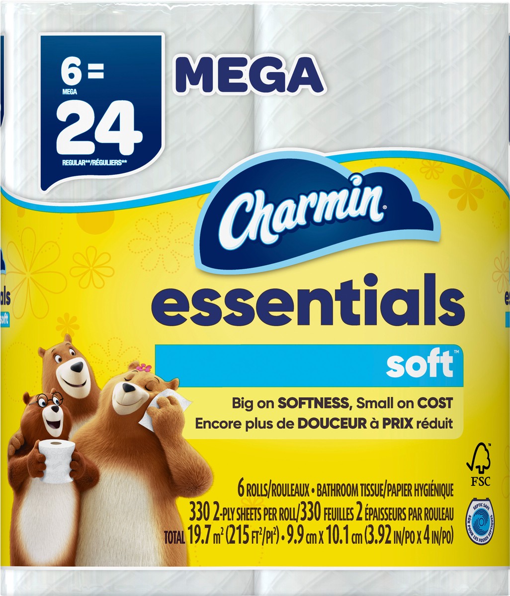 slide 3 of 5, Charmin Essentials Soft Toilet Paper 6 Mega Rolls, 330 sheets per roll, 6 ct