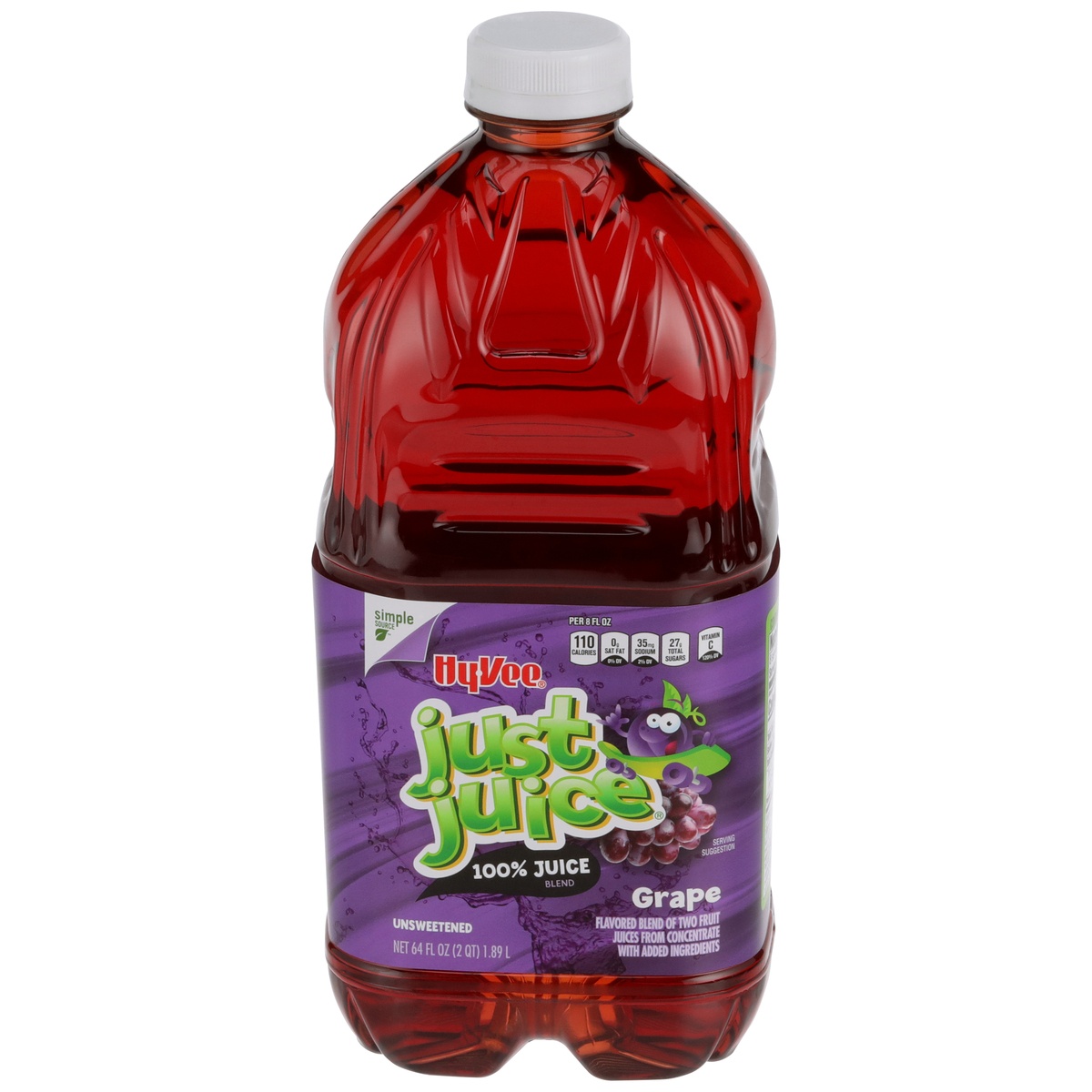 slide 1 of 1, Hy-vee Just Juice, 100% Unsweetened Grape Flavored Juice Blend Of Two Fruit Juices From Concentrate - 64 fl oz, 64 fl oz