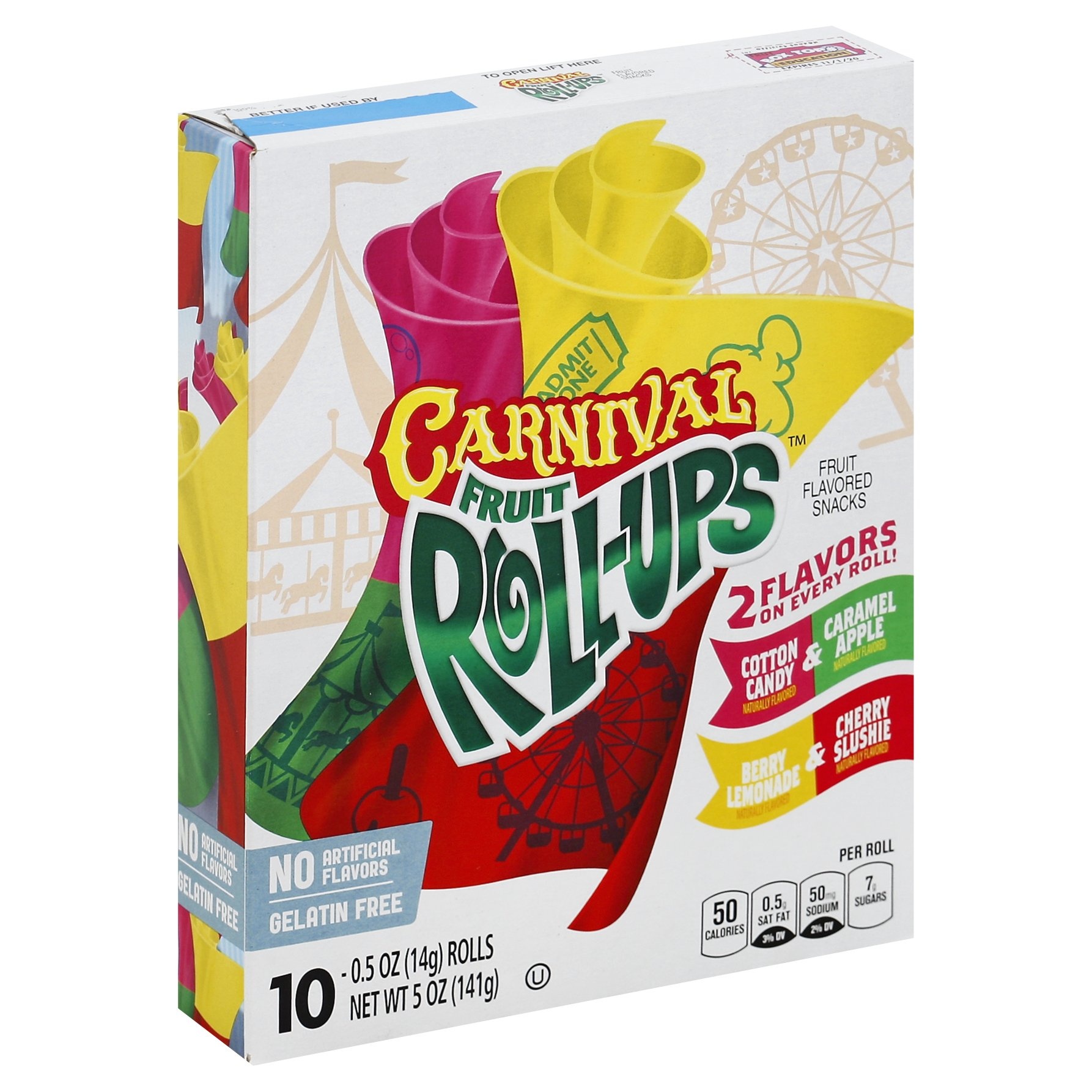 slide 1 of 1, Betty Crocker Fruit Roll-Ups Carnival Variety Pack of Cotton Candy, Caramel Apple. Berry Lemonade and Cherry Vanilla, 10 ct; 0.5 oz