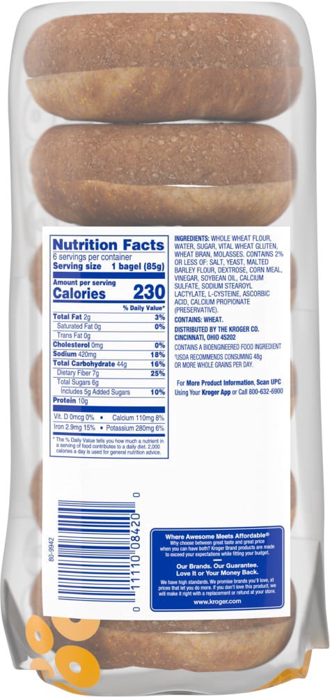 slide 5 of 5, Kroger 100% Whole Wheat Pre-Sliced Bagels 6 Count, 18 oz