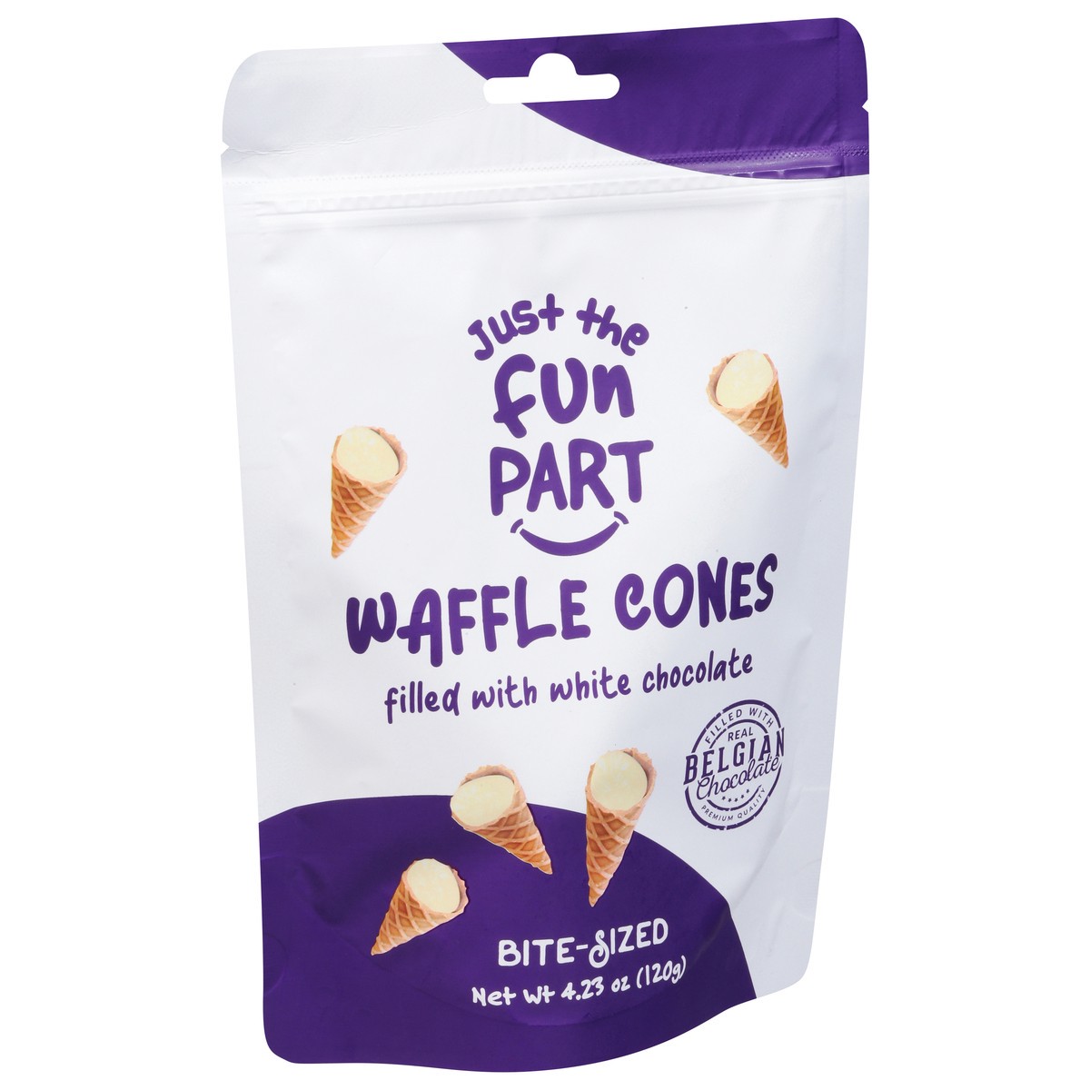 slide 4 of 9, Just The Fun Part Waffle Cones, White Chocolate, Bite-Sized, 4.23 oz