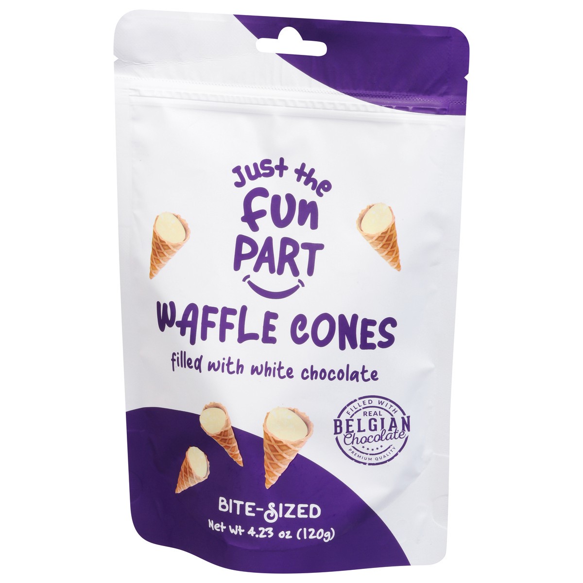 slide 7 of 9, Just The Fun Part Waffle Cones, White Chocolate, Bite-Sized, 4.23 oz