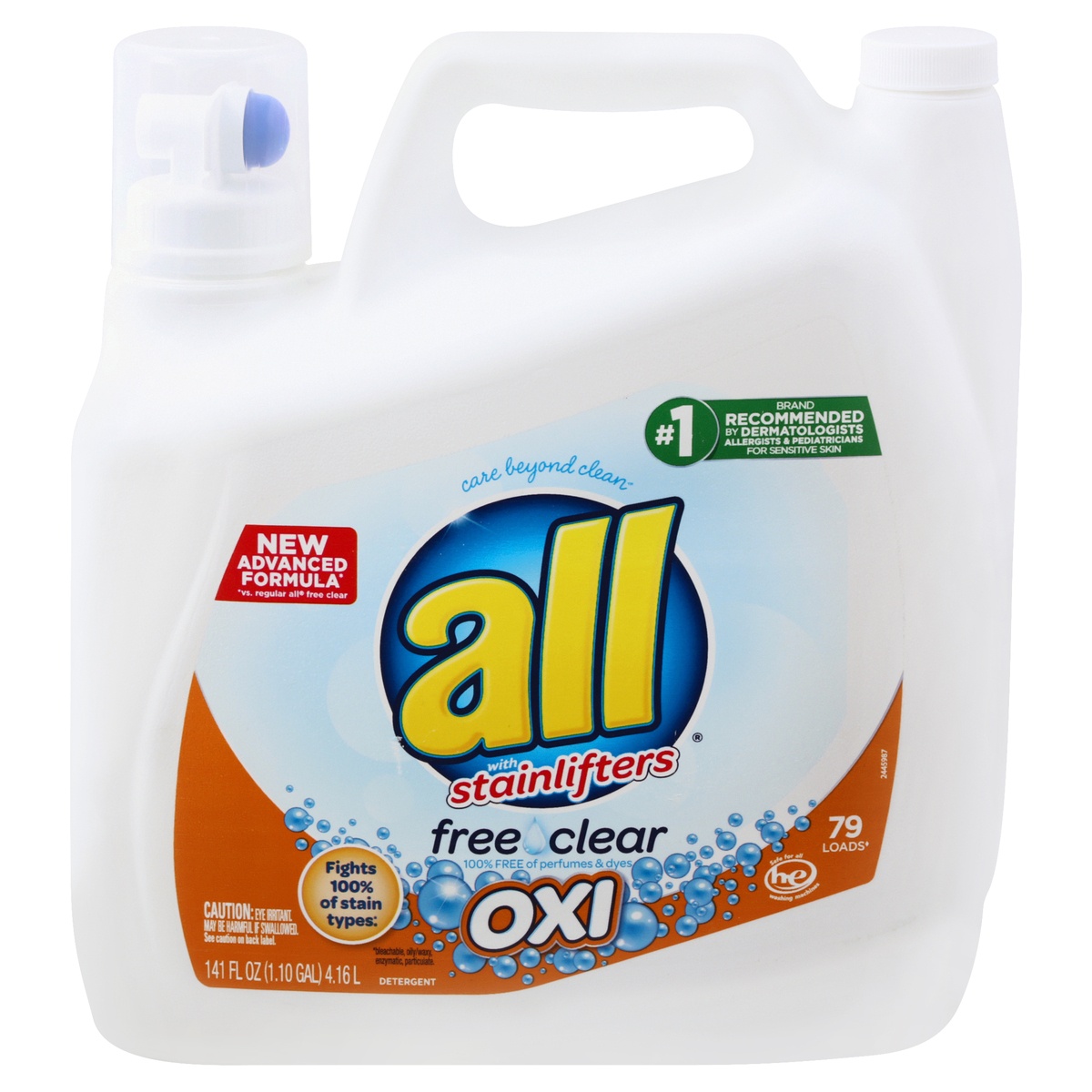 slide 1 of 1, All Liquid Laundry Detergent with Advanced OXI Stain Removers and Whiteners, Free Clear, 141 Ounce, 79 Loads, 