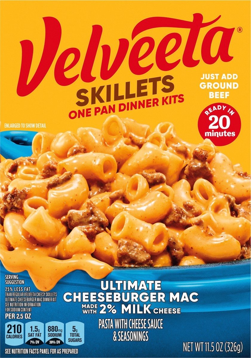 slide 5 of 9, Velveeta Ultimate Cheeseburger Mac with 2% Milk Cheese One Pan Dinner Kit with Cheese Sauce & Seasonings, 11.5 oz Box, 11.5 oz