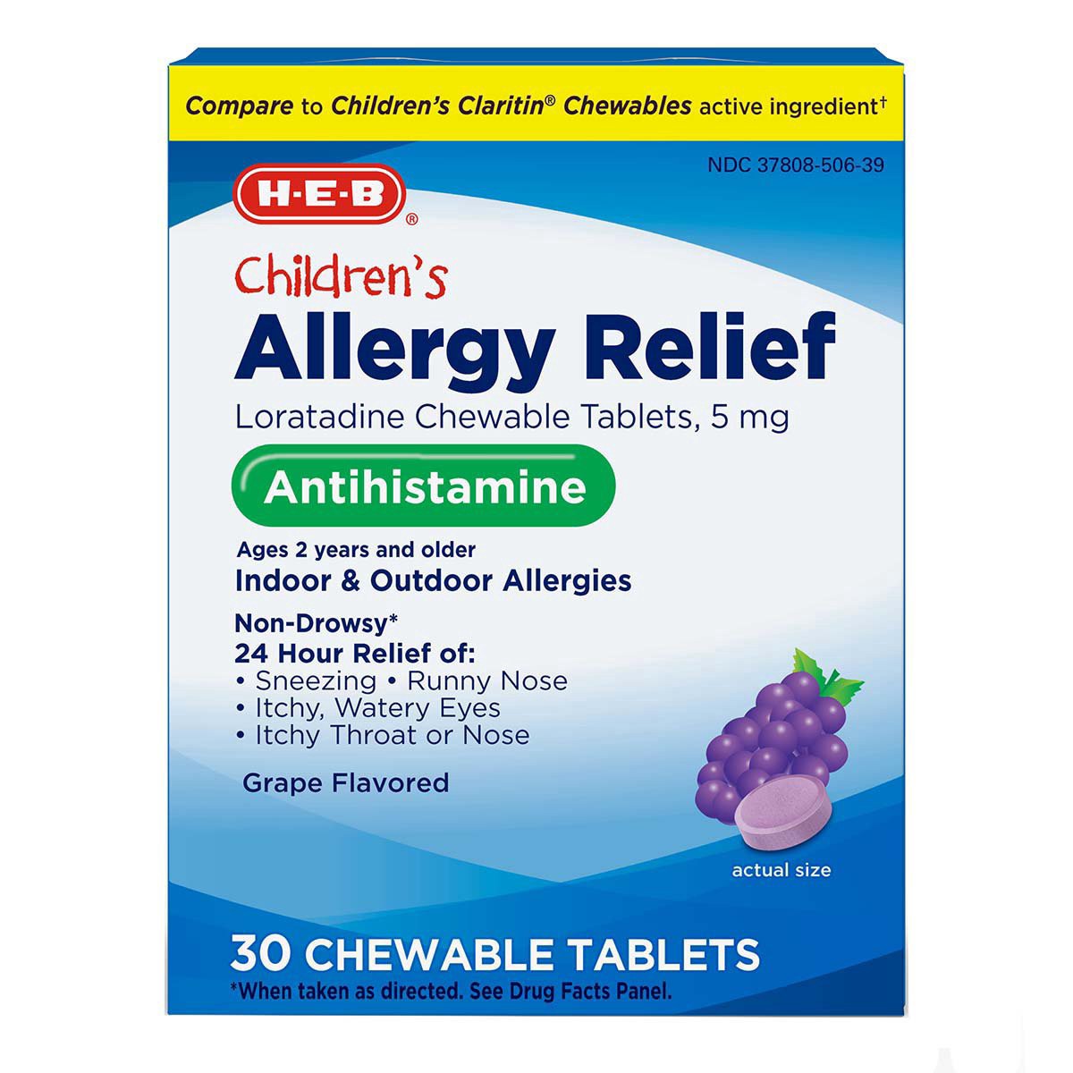 slide 1 of 1, H-E-B Children's Allergy Relief Loratadine Chewable 5 mg Grape Tablets, 30 ct