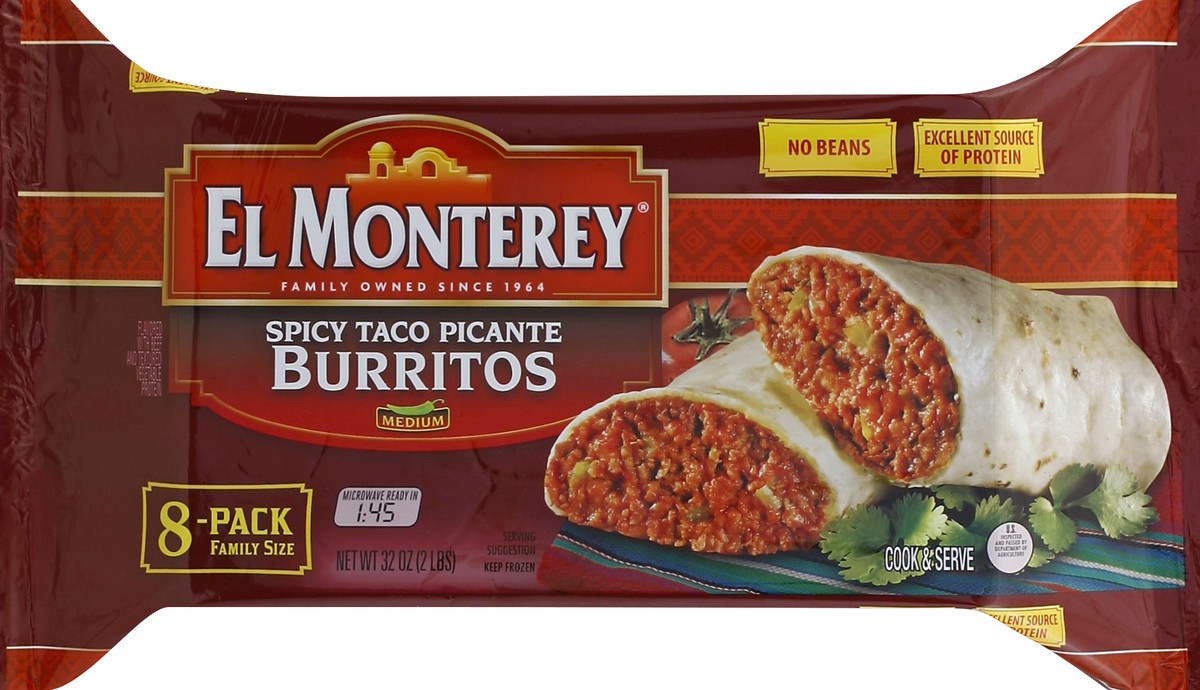 slide 5 of 5, El Monterey Spicy Taco Picante Burritos, 8 ct; 32 oz