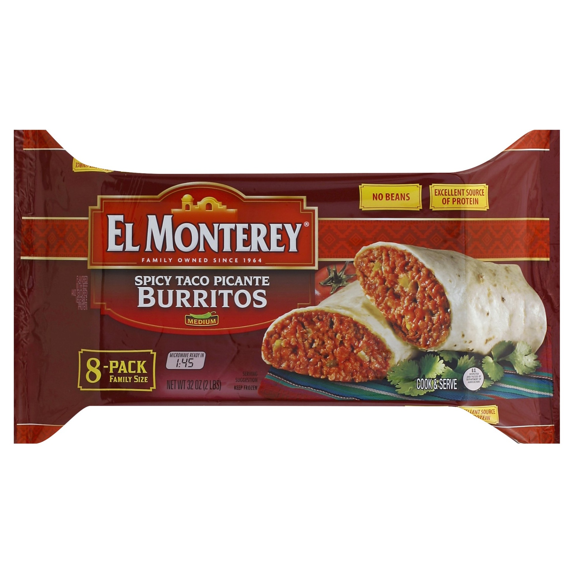 slide 1 of 5, El Monterey Spicy Taco Picante Burritos, 8 ct; 32 oz