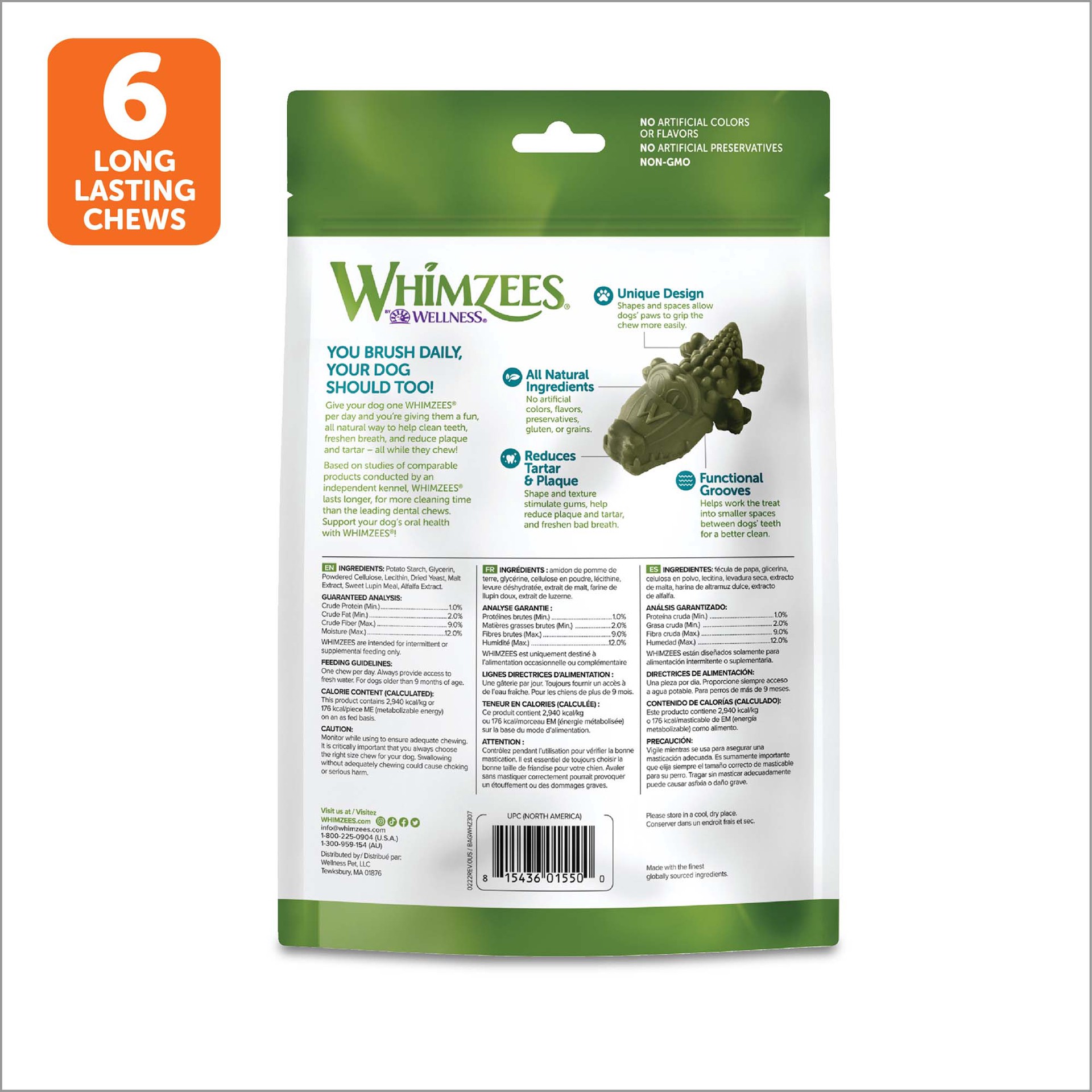 slide 2 of 5, WHIMZEES Wellness Alligator Dog Dental Treats, Natural Chews, Large Size, (6 Count), 1 ct