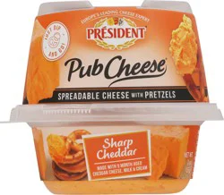 Président President Pub Cheese Sharp Cheddar Spreadable Cheese With Pretzels 3 oz CupTub