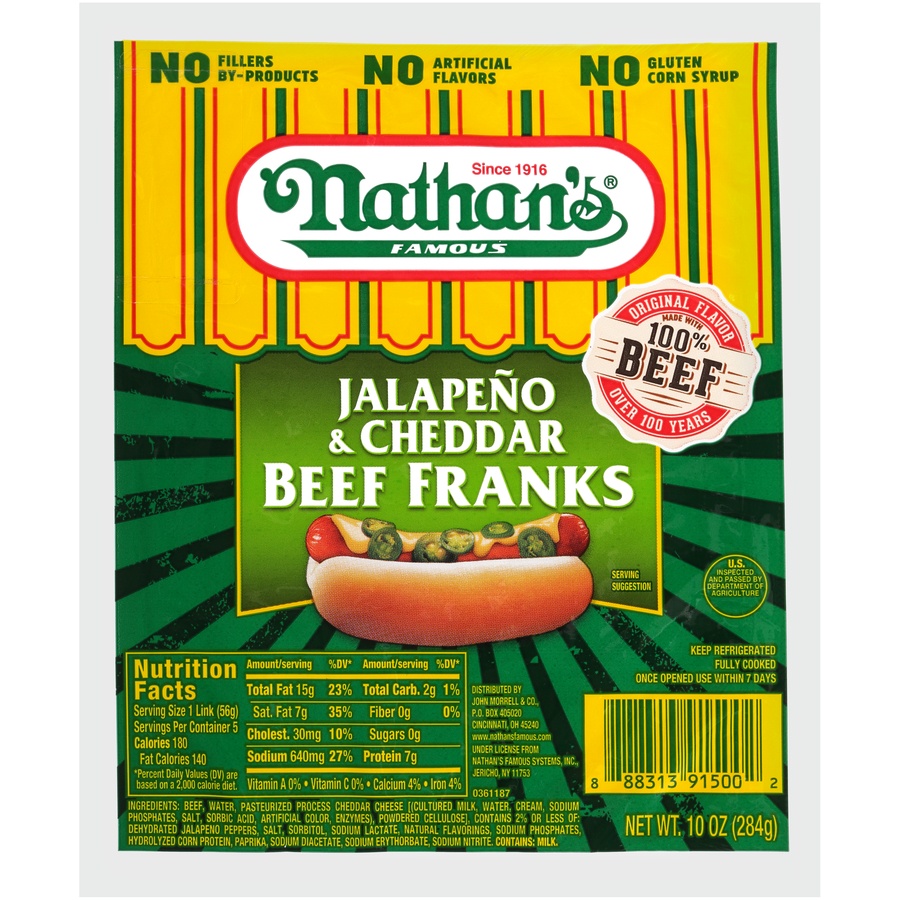 slide 1 of 1, Nathan's Famous Jalapeno Cheddar Beef Franks, 12 oz