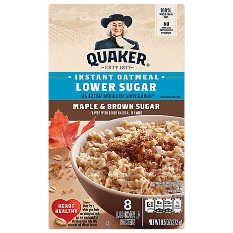 slide 1 of 1, Quaker Instant Oatmeal Low Sugar Maple Brown Sugar, 9.5 oz