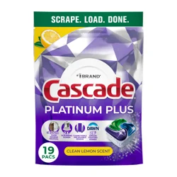 Cascade Platinum Plus Dishwasher Pods, Dishwasher Detergent, Dish Detergent Soap, Lemon, 19 Count