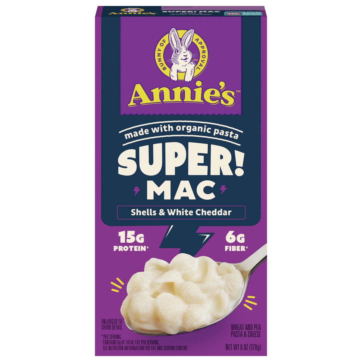 slide 12 of 14, Annie's Super! Mac, Macaroni And Cheese, Shells and White Cheddar, Made with Organic Pasta, 6 oz, 6 oz