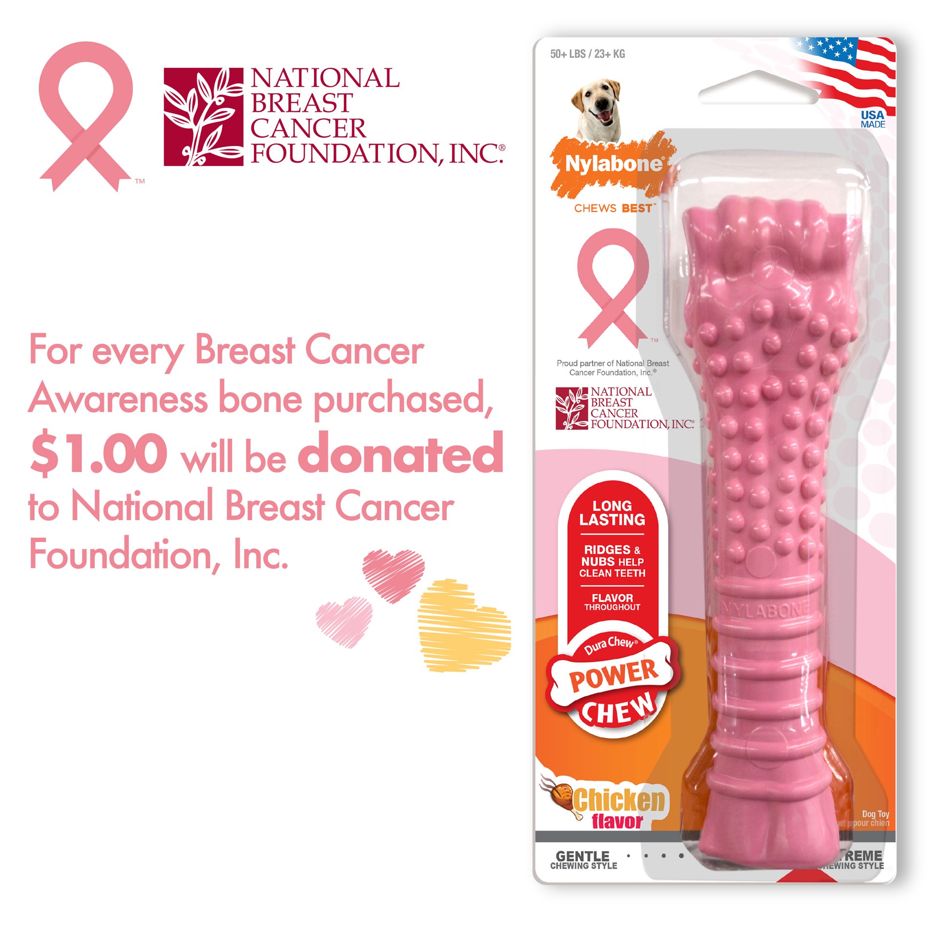 slide 3 of 10, Nylabone Breast Cancer Awareness Pink Power Chew Textured Dog Toy Chicken X-Large/Souper - 50+ lbs.(1 Count), 1 ct
