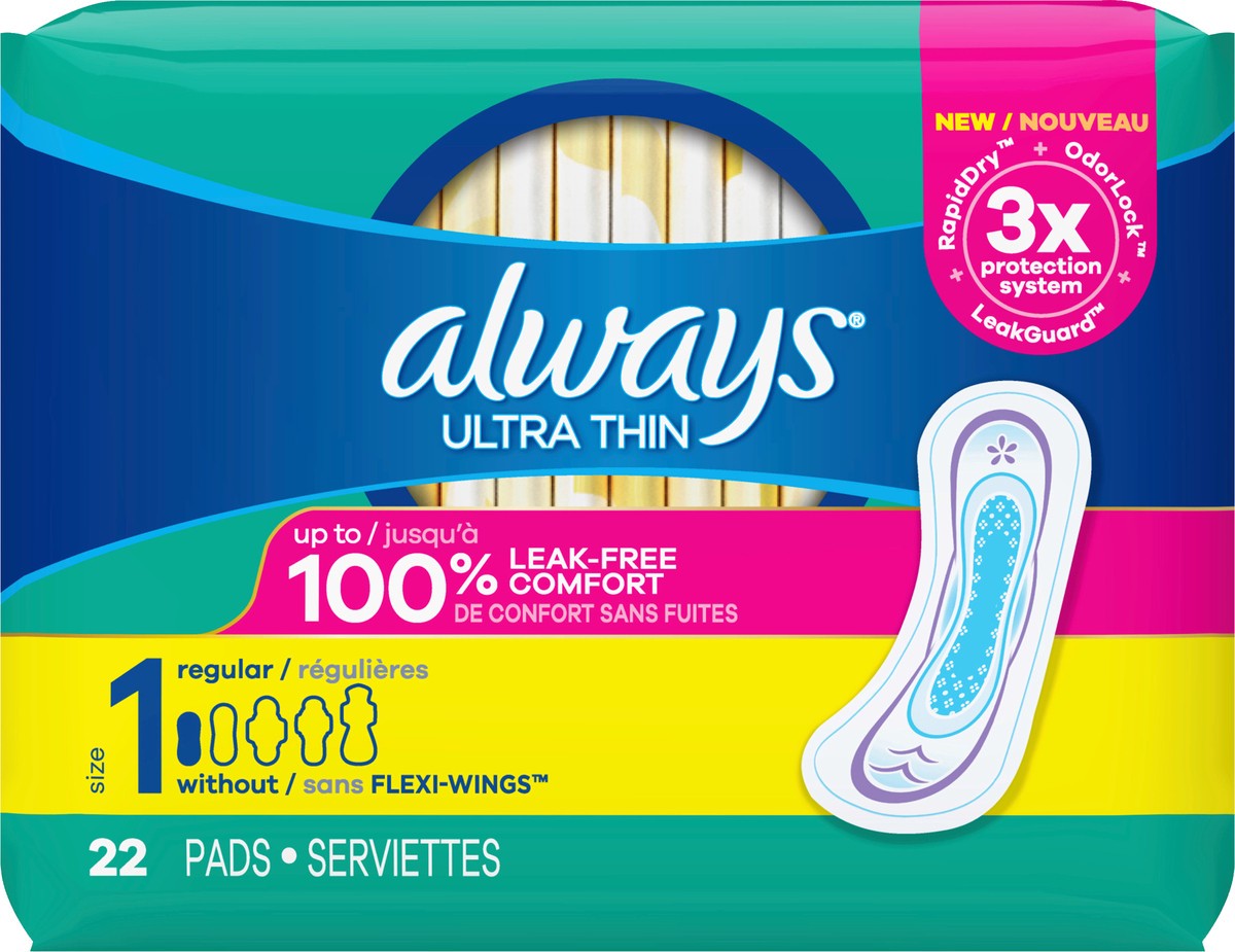 slide 2 of 2, Always Ultra Thin Pads Size 1 Regular Absorbency Unscented with Wings, 22 Count, 22 ct