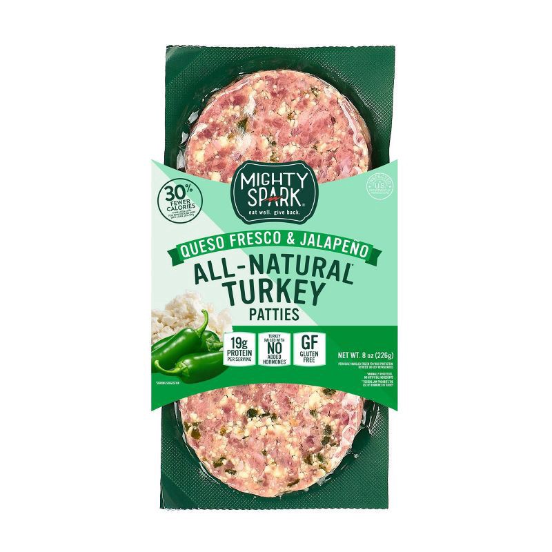slide 1 of 4, Mighty Spark Queso Fresco & Jalapeno Turkey Patties 8 oz, 8 oz