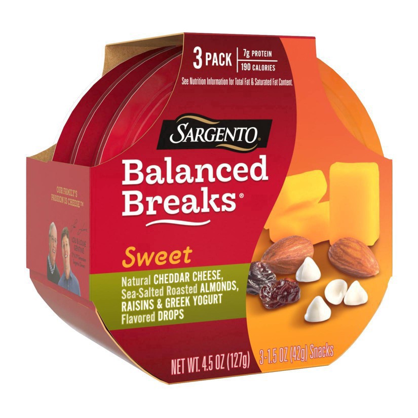 slide 28 of 30, Sargento Sweet Balanced Breaks with Natural Cheddar Cheese, Sea-Salted Roasted Almonds, Raisins and Greek Yogurt Flavored Drops, 1.5 oz., 3-Pack, 3 ct