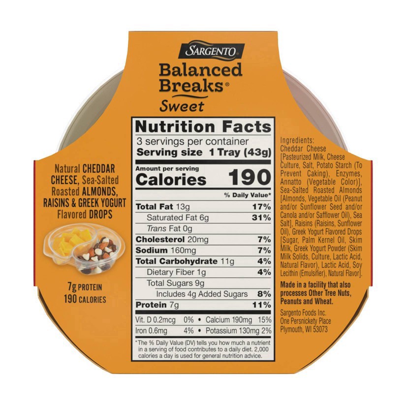 slide 14 of 30, Sargento Sweet Balanced Breaks with Natural Cheddar Cheese, Sea-Salted Roasted Almonds, Raisins and Greek Yogurt Flavored Drops, 1.5 oz., 3-Pack, 3 ct