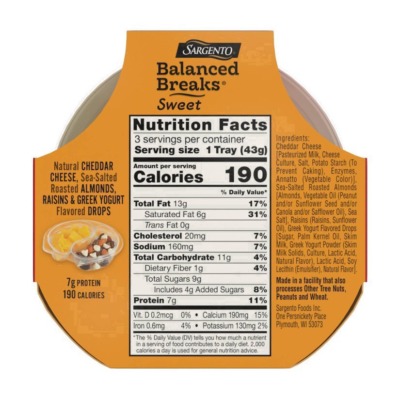 slide 7 of 30, Sargento Sweet Balanced Breaks with Natural Cheddar Cheese, Sea-Salted Roasted Almonds, Raisins and Greek Yogurt Flavored Drops, 1.5 oz., 3-Pack, 3 ct