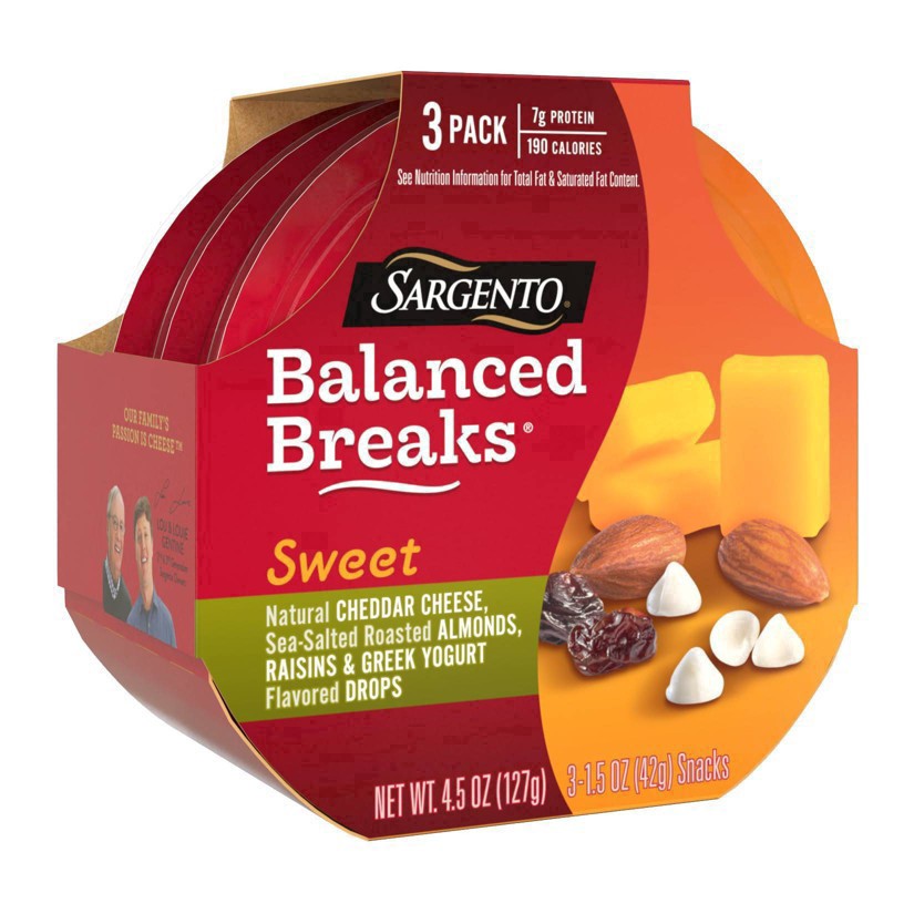 slide 12 of 30, Sargento Sweet Balanced Breaks with Natural Cheddar Cheese, Sea-Salted Roasted Almonds, Raisins and Greek Yogurt Flavored Drops, 1.5 oz., 3-Pack, 3 ct