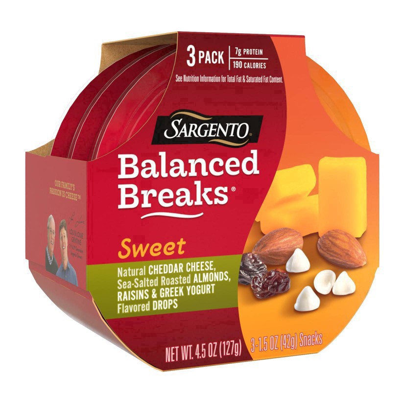 slide 5 of 30, Sargento Sweet Balanced Breaks with Natural Cheddar Cheese, Sea-Salted Roasted Almonds, Raisins and Greek Yogurt Flavored Drops, 1.5 oz., 3-Pack, 3 ct