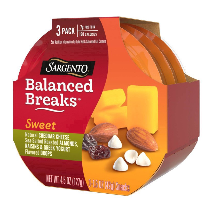 slide 19 of 30, Sargento Sweet Balanced Breaks with Natural Cheddar Cheese, Sea-Salted Roasted Almonds, Raisins and Greek Yogurt Flavored Drops, 1.5 oz., 3-Pack, 3 ct