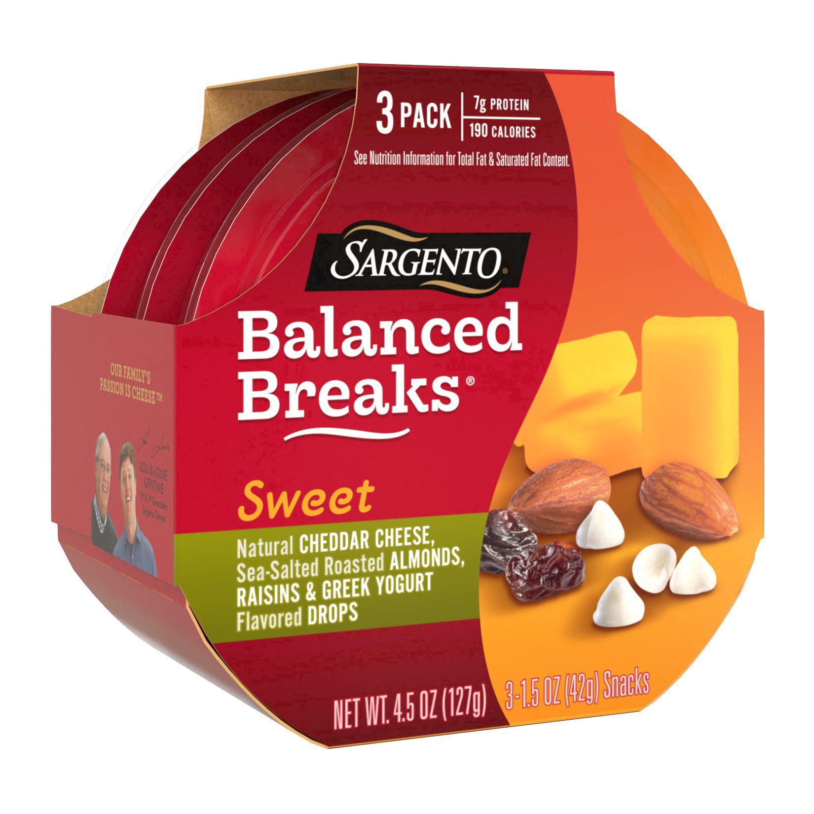 slide 24 of 30, Sargento Sweet Balanced Breaks with Natural Cheddar Cheese, Sea-Salted Roasted Almonds, Raisins and Greek Yogurt Flavored Drops, 1.5 oz., 3-Pack, 3 ct