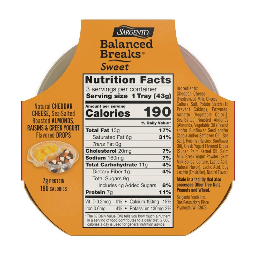 slide 22 of 30, Sargento Sweet Balanced Breaks with Natural Cheddar Cheese, Sea-Salted Roasted Almonds, Raisins and Greek Yogurt Flavored Drops, 1.5 oz., 3-Pack, 3 ct