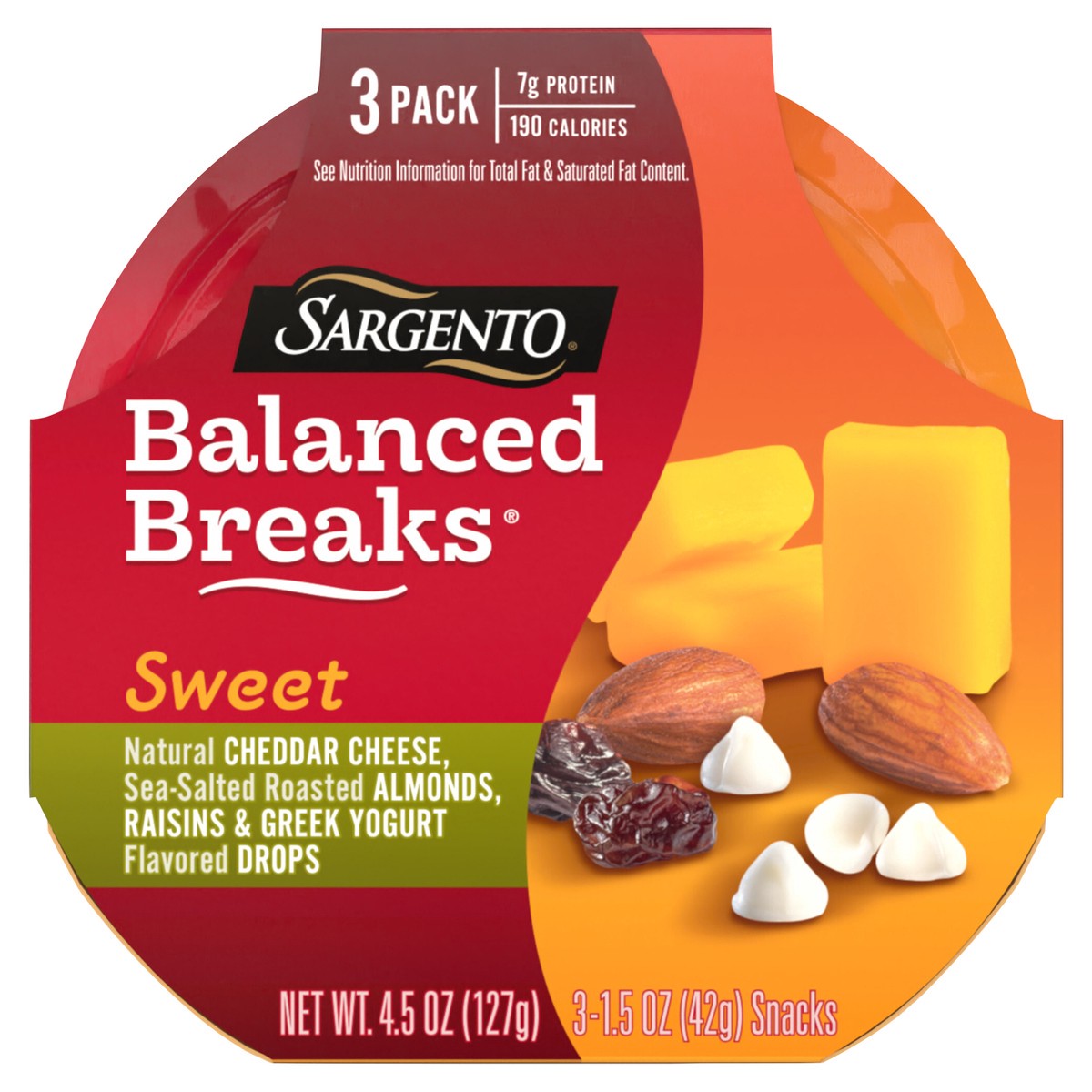 slide 1 of 30, Sargento Sweet Balanced Breaks with Natural Cheddar Cheese, Sea-Salted Roasted Almonds, Raisins and Greek Yogurt Flavored Drops, 1.5 oz., 3-Pack, 3 ct