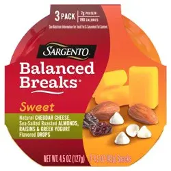 Sargento Sweet Balanced Breaks Natural Cheddar Cheese, Sea-Salted Roasted Almonds, Raisins and Greek Yogurt Flavored Drops, 3-Pack