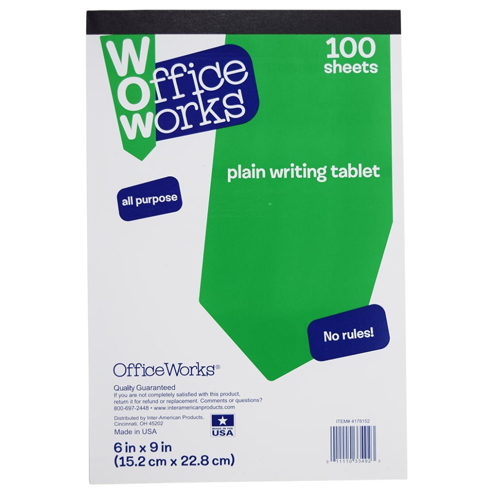 slide 1 of 1, Officeworks Office Works Plain Writing Tablet - 100 Sheets, 6 in x 9 in