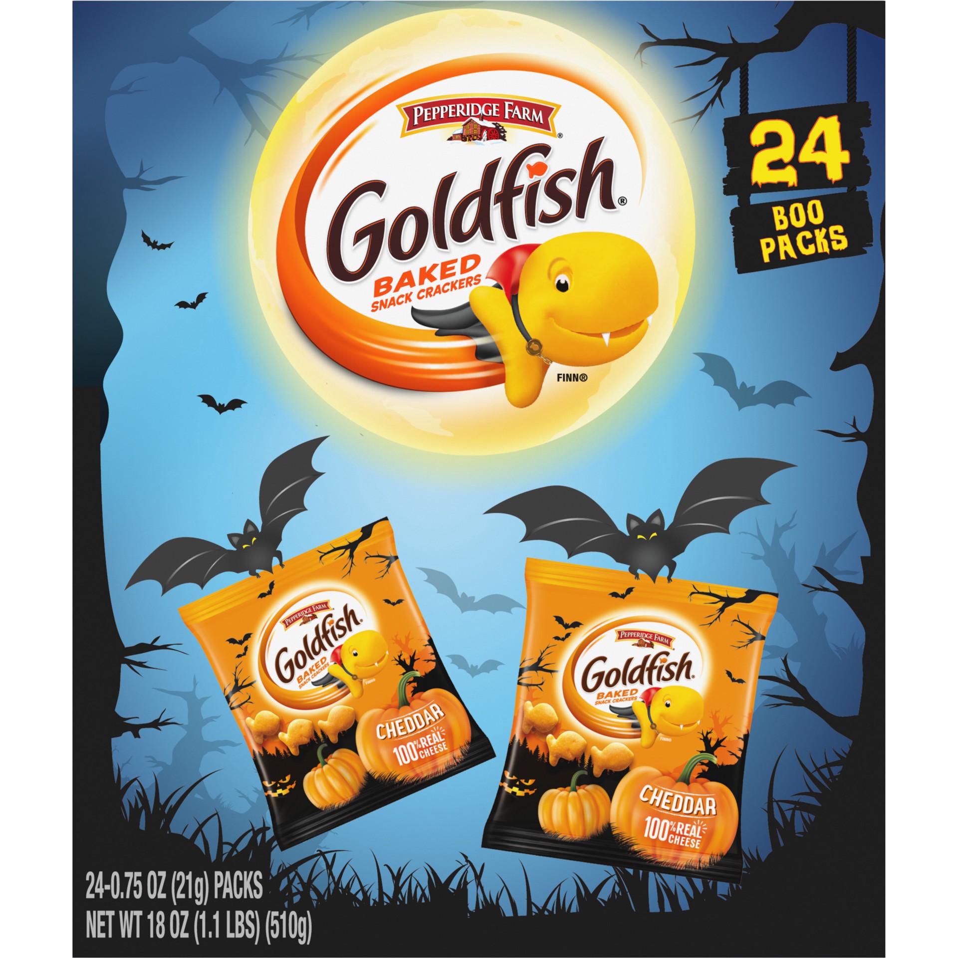 slide 3 of 5, Pepperidge Farm Goldfish Cheddar Crackers, Halloween Edition Multi-pack Box, 24-count Snack Packs, 18 oz