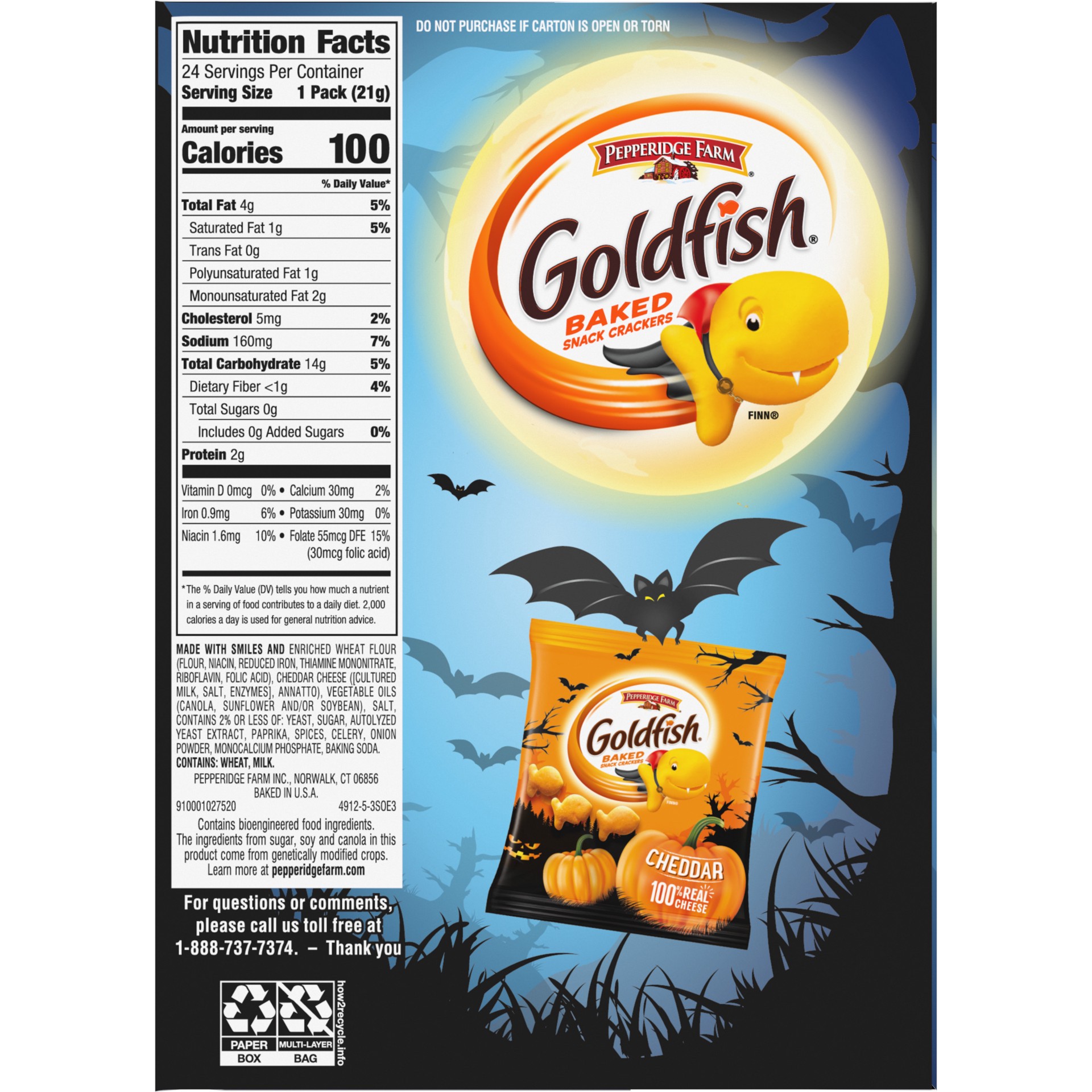 slide 4 of 5, Pepperidge Farm Goldfish Cheddar Crackers, Halloween Edition Multi-pack Box, 24-count Snack Packs, 18 oz