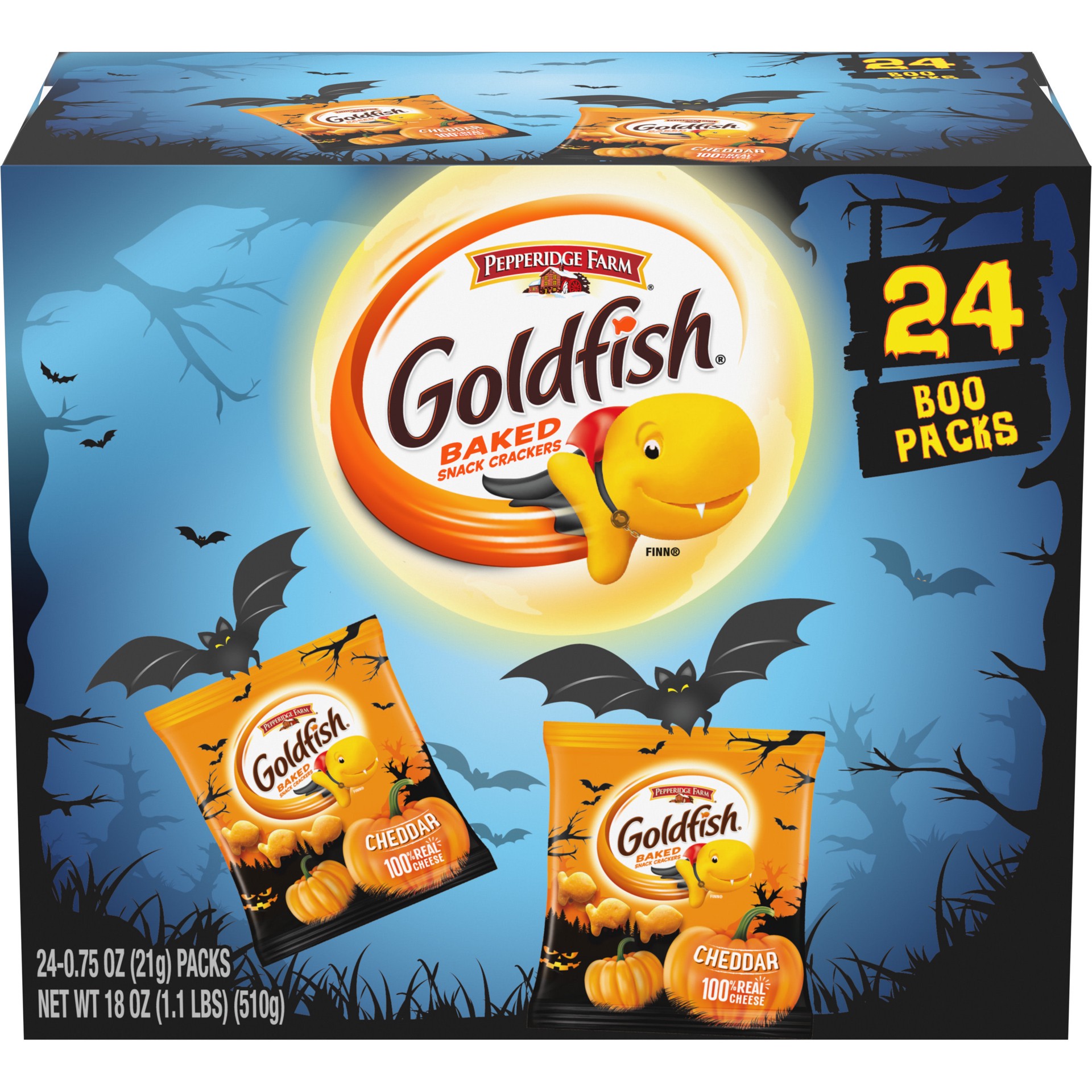 slide 1 of 5, Pepperidge Farm Goldfish Cheddar Crackers, Halloween Edition Multi-pack Box, 24-count Snack Packs, 18 oz