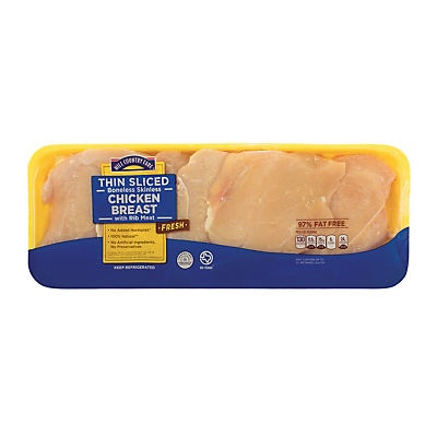 slide 1 of 1, Hill Country Fare Thin Sliced Boneless Skinless Chicken Breast with Rib Meat, per lb