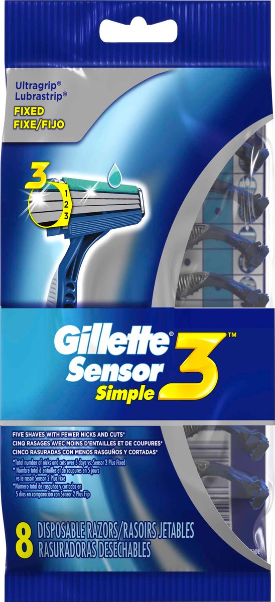 slide 6 of 9, Gillette Sensor3 Simple Men''s Disposable Razors, 8 Count, 8 ct