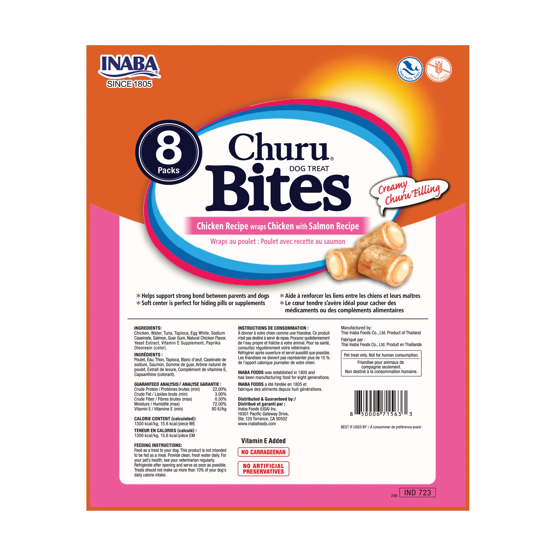 slide 5 of 6, Inaba Churu Bites for Dogs, Soft & Chewy Baked Chicken Wrapped Churu Filled Dog Treats, 0.42 Ounces per Tube, 8 Tubes, Chicken with Salmon Recipe, 8 ct
