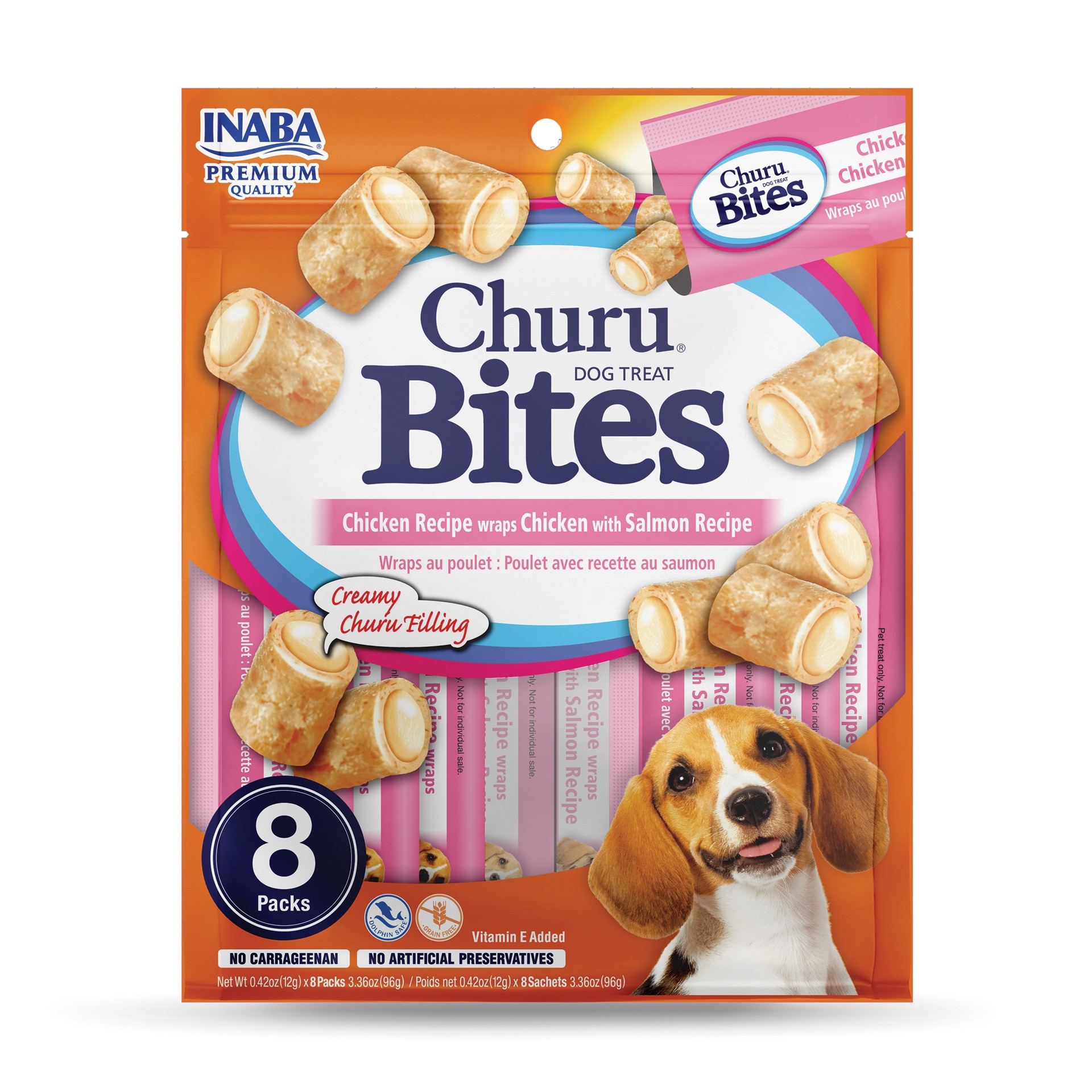 slide 1 of 6, Inaba Churu Bites for Dogs, Soft & Chewy Baked Chicken Wrapped Churu Filled Dog Treats, 0.42 Ounces per Tube, 8 Tubes, Chicken with Salmon Recipe, 8 ct