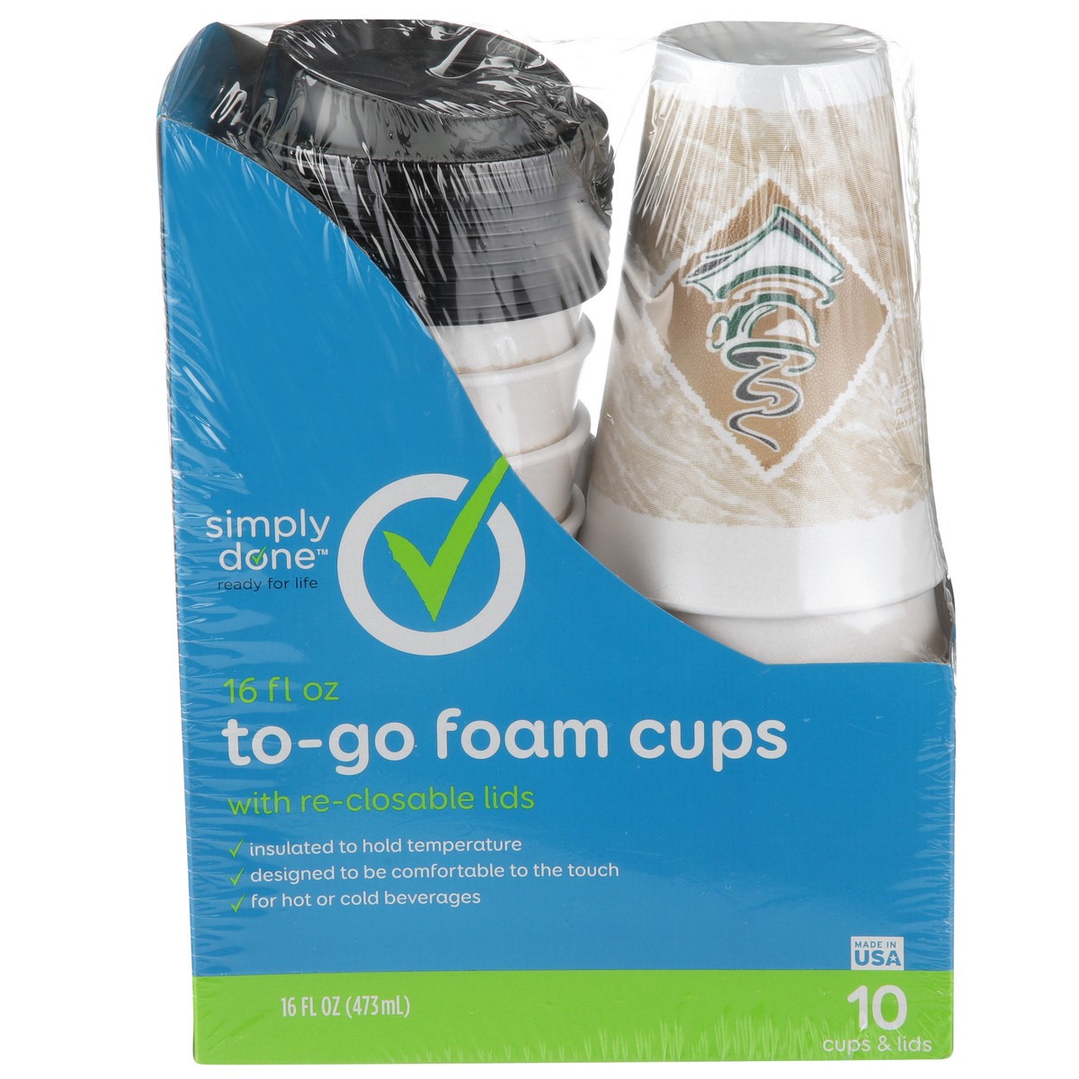 slide 1 of 11, Simply Done To-Go Foam Cups With Re-Closable Lids, 10 ct; 16 fl oz