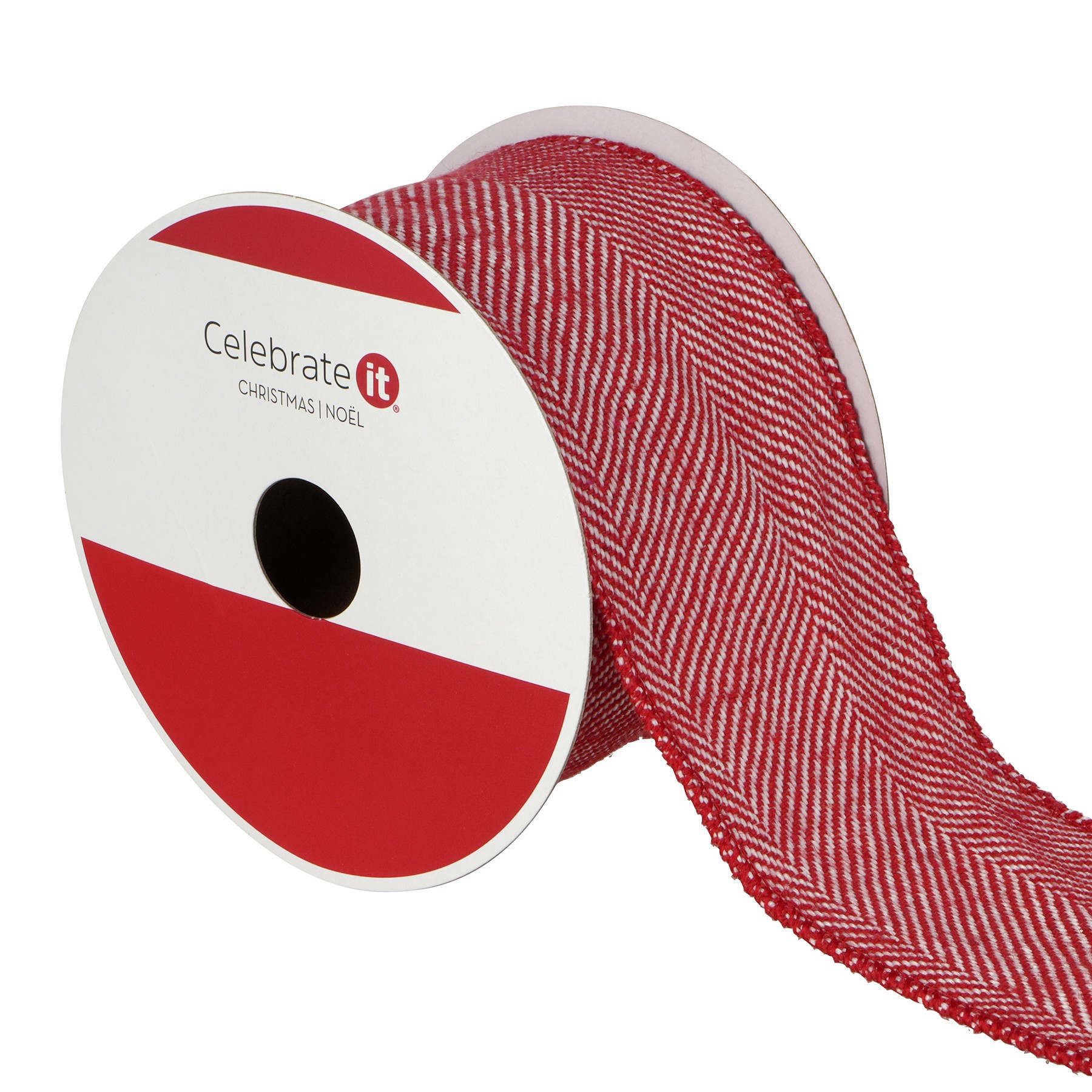 slide 2 of 3, 2.5" X 15ft. Red & White Herringbone Wired Ribbon By Celebrate It, 2.5 in x 15 ft