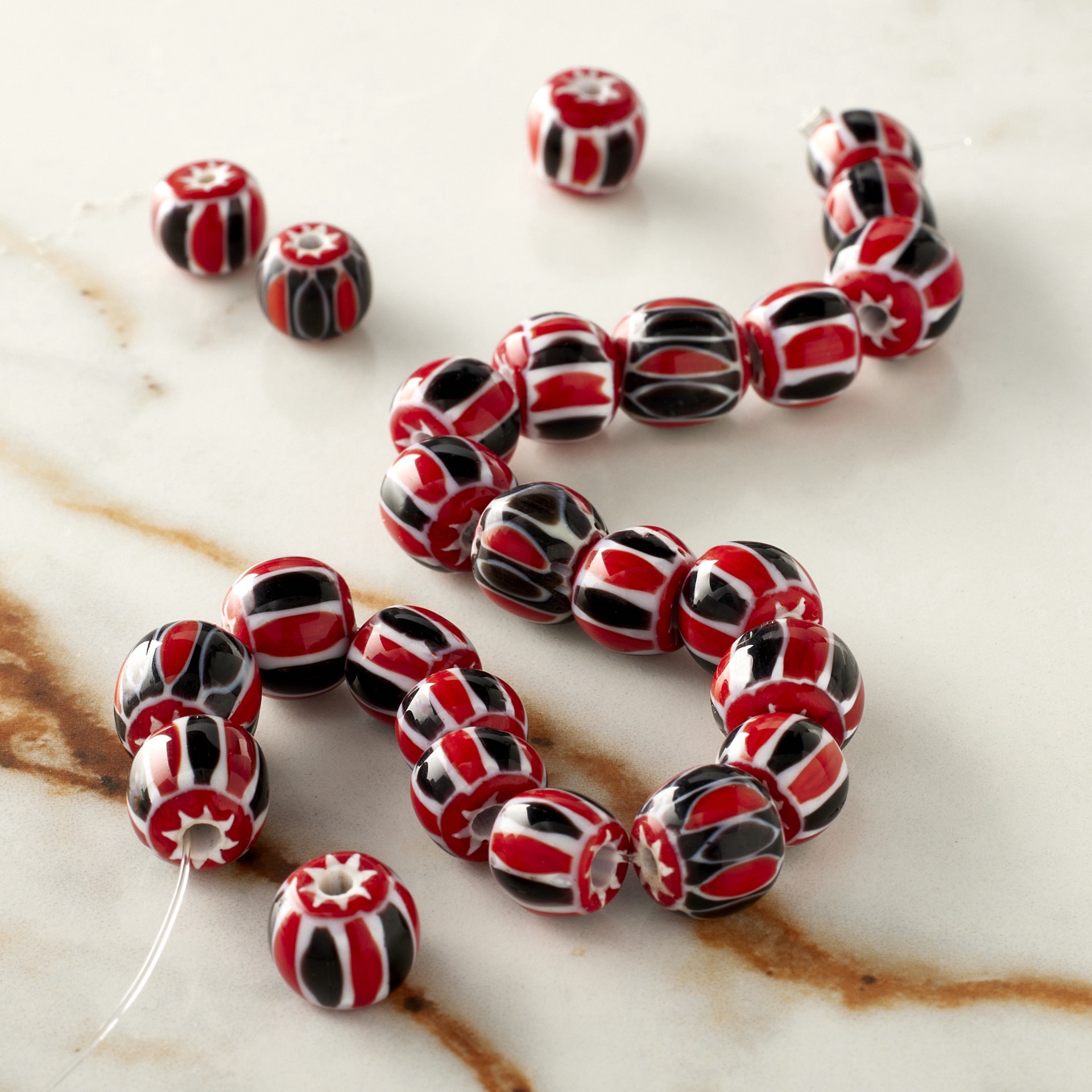 slide 2 of 3, Red, White & Black Lamp Work Glass Beads By Bead Landing, 7mm-10mm