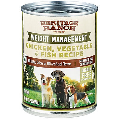 slide 1 of 1, Heritage Ranch by H-E-B Weight Management Chicken Vegetable & Fish Wet Dog Food, 13.2 oz