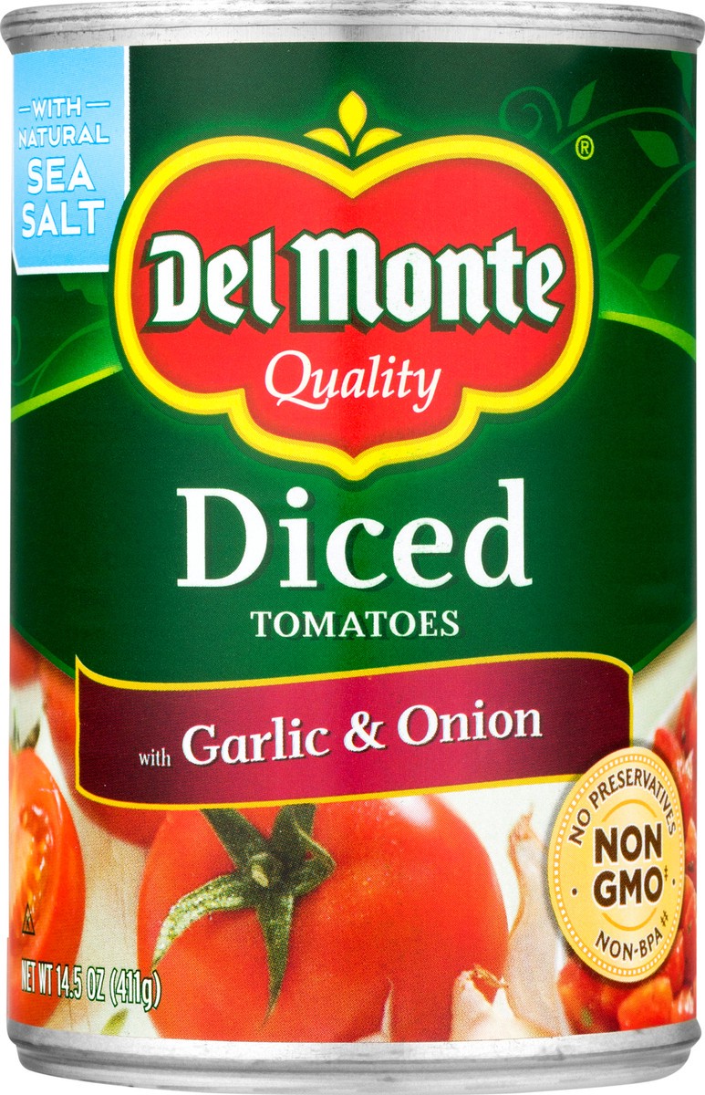 slide 1 of 11, Del Monte Diced Tomatoes with Garlic & Onion 14.5 oz, 14.5 oz