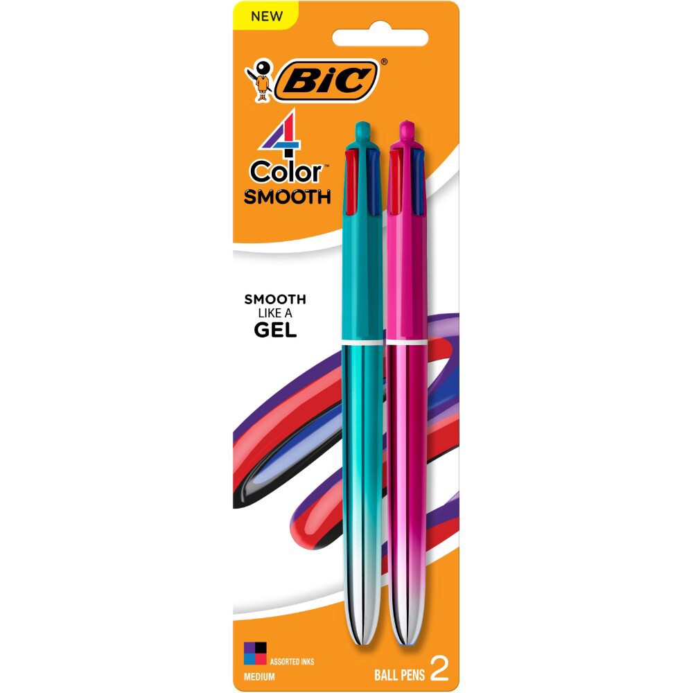 slide 1 of 2, BIC 4 Color Smooth Retractable Ball Point Pen, Medium Point 1.0mm, Assorted Barrels, Assorted Ink, Pack of 2, 2 ct